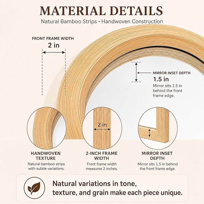 24" x 36" Arched Bamboo Wall Mirror, Handwoven Natural Frame with 2-Inch Deep Textured Profile, Decorative Boho Mirror for Entryway, Bedroom, Living Room