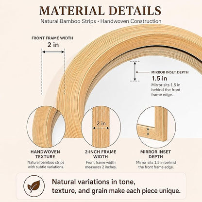 24" x 36" Arched Bamboo Wall Mirror, Handwoven Natural Frame with 2-Inch Deep Textured Profile, Decorative Boho Mirror for Entryway, Bedroom, Living Room