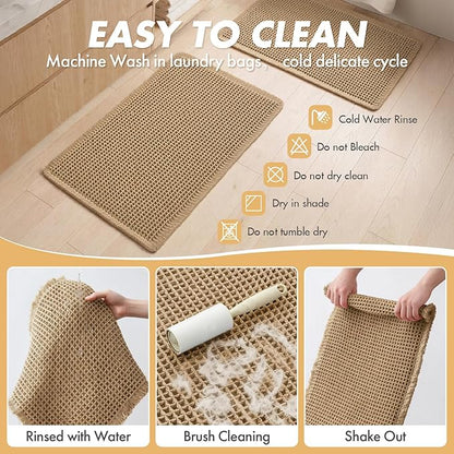 MIULEE Set of 2 Waffle Bathroom Rugs, Boho Bath Rugs Non Slip Washable, Super Absorbent Bath Mats, Ultra Soft Rubber Backed Shower Mats for Bathroom Floor, Tub and Shower, Brown, 20x32 Inch