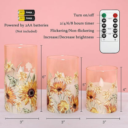 MELTONE Sunflower Flameless Candles Remote Real Wax Flickering Battery Operated Glass Candles - Home Party Bedroom Birthday Christmas Summer Spring Decorations