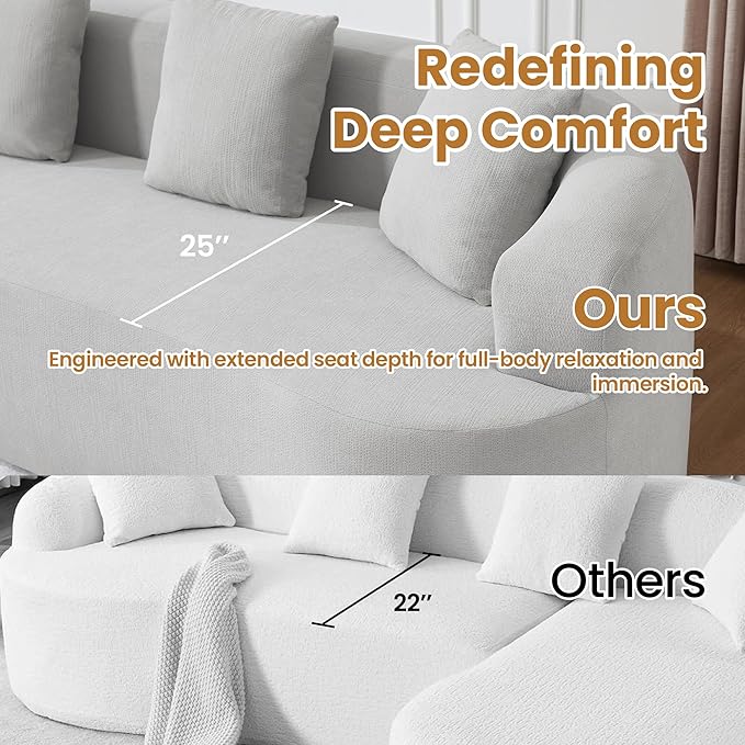 103" L Shaped Boneless Sectional Couches for Living Room, Curved Modular Sectional Sofa with Chaise, Modern Cloud Couch Deep 3 Seat No Assembly, Light Grey