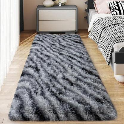 Soft Runner Rugs for Bedroom Hallways, 2x4 Black and White Fluffy Shag Throw Area Rug Non Slip for Bedside Dorm, Long Shaggy Furry Carpet for Nursery Living Room