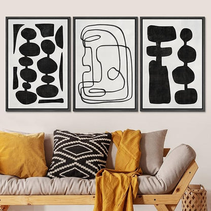 SIGNLEADER Framed Canvas Print Wall Art Set Retro Mid-Century Boho Duotone Collage Abstract Shapes Illustrations Minimal Decorative Bohemian Nordic for Living Room, Bedroom, Office - 24"x36"x3 Black