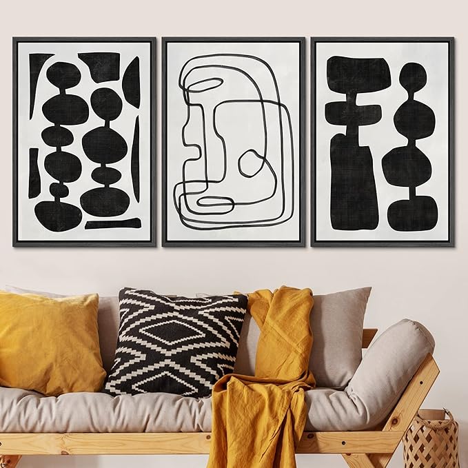 SIGNLEADER Framed Canvas Print Wall Art Set Retro Mid-Century Boho Duotone Collage Abstract Shapes Illustrations Minimal Decorative Bohemian Nordic for Living Room, Bedroom, Office - 16"x24"x3 Black