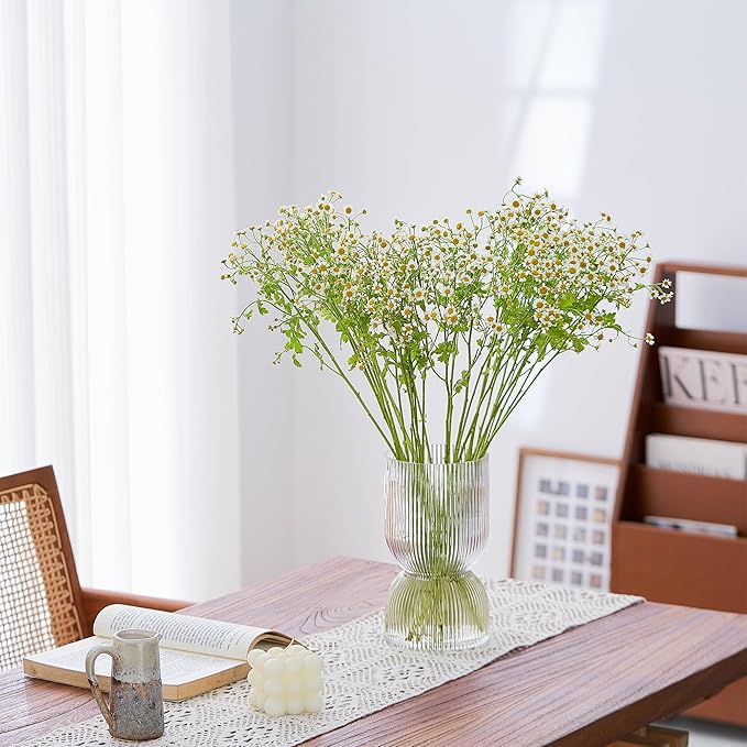 7.5 inch Vase for Flowers, Clear Ribbed Thickened Glass Vases, Hourglass Bud Flower Vase for Bookshelf, Dinner Table, Indoor Office Desktop, Meeting Room, Bathroom, Home Decor, Christmas Decoration