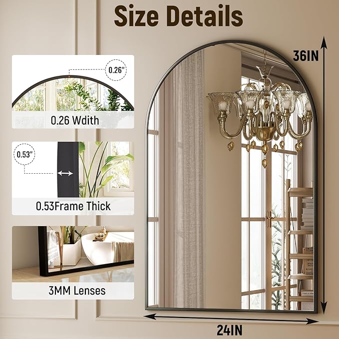 GLSLAND 24“x36” Arched Bathroom Mirror for Wall, Metal Frame Vanity Mirror, Arch Decorative Wall Mirrors for Living Room, Bedroom, Entryway, Mantle Black Dresser Mirror