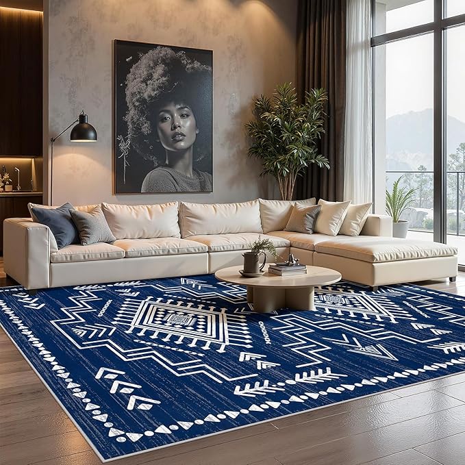 Joydeco Moroccan Rug 8x10 for Living Room, Navy Blue Washable Area Rugs for Bedroom, Low Pile Western Modern Carpet for Dining Room Table, Distressed Aztec Soft Carpet for Office Home Decor