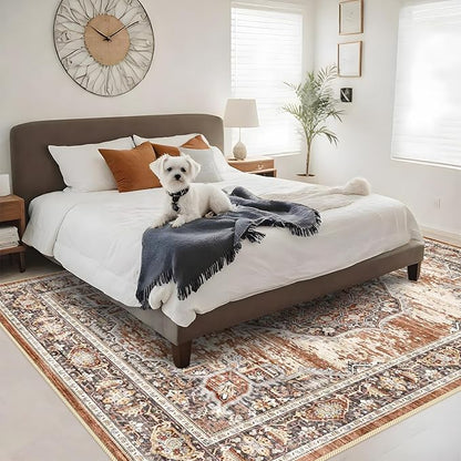 Washable Rug 8x10 Area Rugs: Super Soft Ultra-Thin Carpet - Non-Slip Backing Rugs for Bedroom Dining Room - Stain Resistant Vintage Large Area Rug 8'x10' Brick