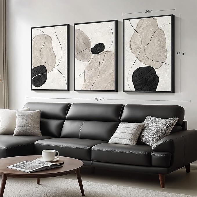 Framed Black and White Abstract Wall Art for Living Room, Large 3 Piece Neutral Minimalist Canvas Artworks, Modern Painting Prints for Dining Room Hallway Home Office Wall Decor, 24x36 In