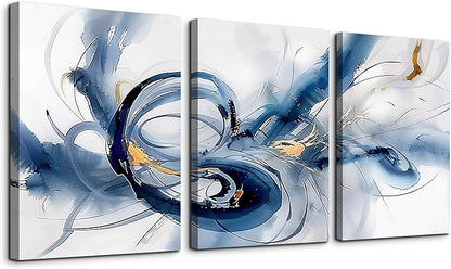 TTHYUEWS Abstract Wall Art For Living Room Canvas Wall Decor For Bedroom Office Decorations Minimalist Art Wall Pictures Blue Abstract Ink Wall Paintings Posters Modern Home Decor Artwork 3 Pieces