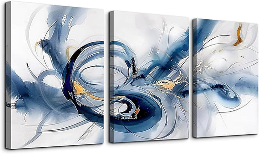 TTHYUEWS Abstract Minimalist Art - Large Canvas Wall Art for Living Room, Bedroom & Office - Blue Ink Paintings - 3 Pieces