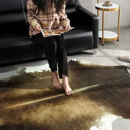 Large Washable Non Slip Faux Cowhide Rug 6x7 Brindle and White, Speckled Cow Print Area Rugs for Living Room, Cruelty-Free Animal Skin Carpet, Western Rustic Room Decor Aesthetic