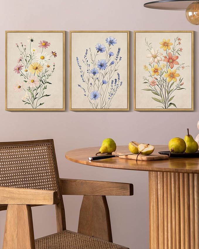 Drsoum Vintage Flower Bouquet Wall Art Framed Retro Bohemian Boho Colorful Floral Plant Rustic Artwork Nature Botanical Wildflower Prints Bedroom Living Room Ready to Hang 12x16in Natural Framed
