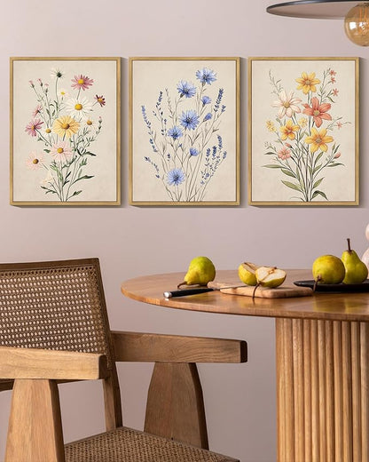 Drsoum Vintage Flower Bouquet Wall Art Framed Retro Bohemian Boho Colorful Floral Plant Rustic Artwork Nature Botanical Wildflower Prints Bedroom Living Room Ready to Hang 12x16in Natural Framed