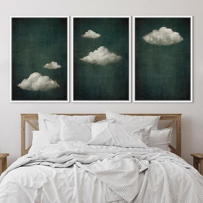 SIGNLEADER Framed Canvas Print Wall Art Set Vintage Cloudscape Dreamy Green Sky and Clouds Illustrations Boho Decorative for Living Room, Bedroom, Office - 16"x24"x3 White