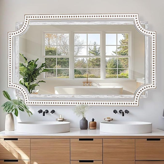 30x47 Inch Rustic Farmhouse Bathroom Mirrors for Over Sink, Large Boho Decorative Wall Mirror Wooden for Living Room, Entryway, Fireplace Mantel & Hallway - Horizontal or Vertical Hanging