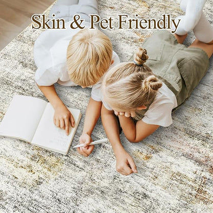 Soalmost 9x12 Area Rugs for Living Room, Non Slip Machine Washable Vintage Rugs, Low Pile Lightweight Large Rug for Bedroom, Dining Room, Home Office Gray Rust