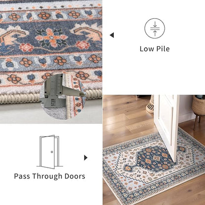 Tangsoo Vintage 2x3 Entry Washable Rug for Entryway,Indoor Door Rug Small Throw Mat Blue Beige Low Pile Soft Entryway Carpet for Front Porch Entrance Kitchen