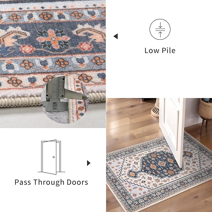 Tangsoo Washable 5x7 Area Rug for Living Room,Vintage Large Rugs Print Distressed Floral Carpet,Blue Beige Low Pile Foldable Floor Rug for Bedroom Dining Room Home Office Decor