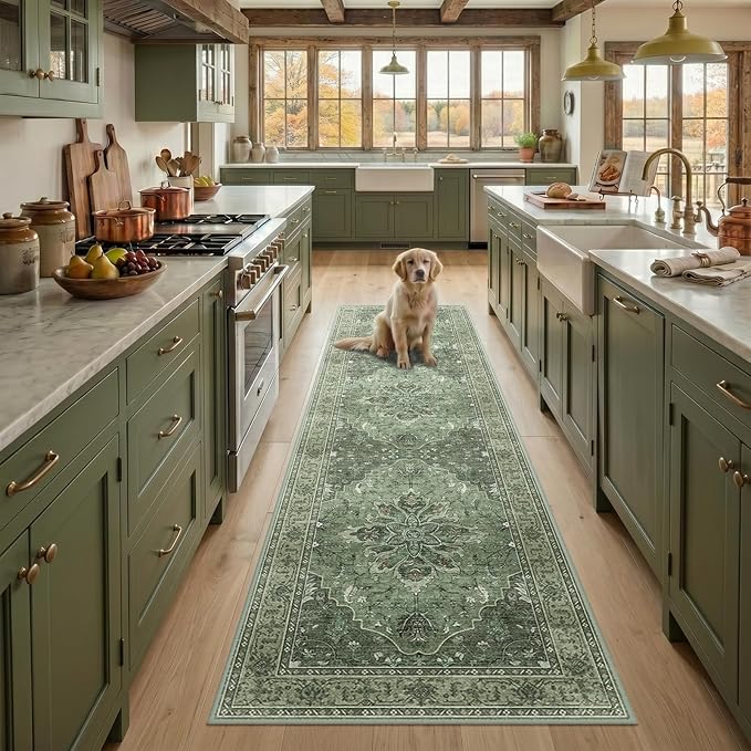 RELEANY Area Rugs 2'x7' Runner Rug Non Slip Washable for Kitchen Hallway Bedroom Beside Laundry Room Bathroom Rug, Floor Carpet, Dark Green Gray