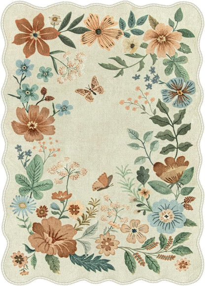Lahome Floral Living Room Rug, 5x7 Rugs for Bedroom Ultra-Thin Soft Washable Dining Room Rug, Non Slip Stain Resistant Boho Low-Pile Throw Carpet for ‎Office Flore (5x7ft,Beige)