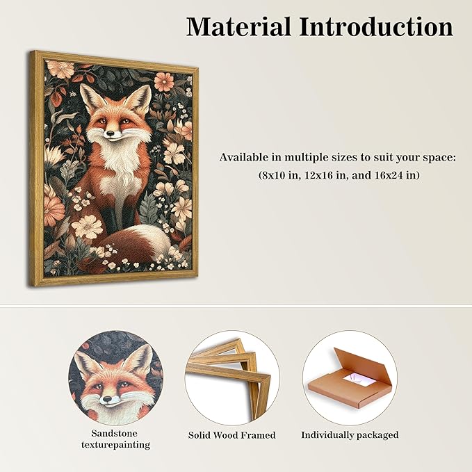 Framed 3D Textured Vintage Wall Art, Hand Drawn Sandstone Fox Wall Decor Paintings, Whimsical Forest Animal Floral Botanical Aesthetic Picture, Cottage Core Home Nursery Decor 12x16 inch