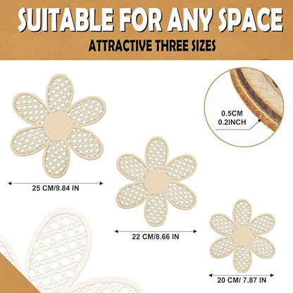 Maitys 3 Pieces Boho Daisy Wall Decor Natural Rattan Flower Wall Hanging Art Wooden Boho Art Nursery Flowers Farmhouse Hanging Decor for Home Office Nursery(Wooden Color)
