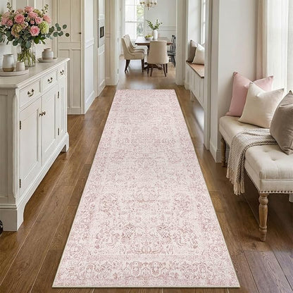 Rugxara 2'6" x 8' Hallway Runner Rug, Non Slip Boho Runner Rugs for Hallway, Kitchen, Entrance, Bathroom, Laundry Room, Soft Ultra-Thin Entryway Carpet, Throw Low Pile Retro Carpet, Pink