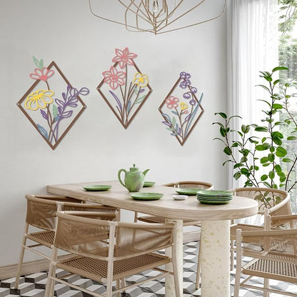 ShxTrade 3 Pcs Metal Flowers Wall Arts, Rustic Farmhouse Decor Minimalist Flower Wall Decors Natural Themed Home Decorations for Bathroom Kitchen Living Room Bedroom (Purple)