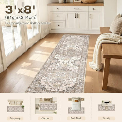Washable 3x8 Runner Rugs: Non Slip Vintage Brown Area Rugs for Living Room, Large Soft Stain Resistant Indoor Floor Carpets for Bedroom Dining Room Nursery Home Office Kid & Pet Friendly