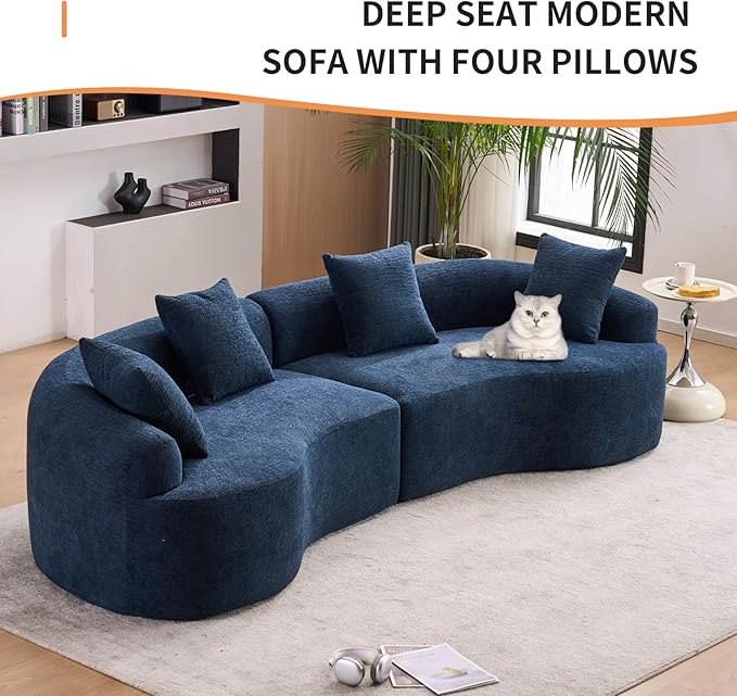 KEIKI Curved Chenille Modular Sectional Couches with Pillows, 4 Seater Oversized Upholstered Luxury Plush Cloud Sofa for Living Room Apartment, Antique Blue