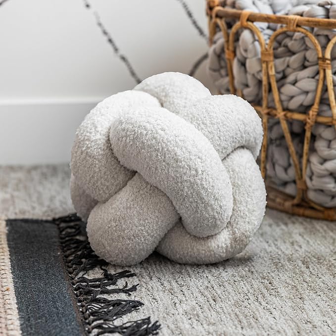 SAMIAH LUXE Vanilla Cream Teddy Boucle Knot Pillow Ball 12", Permanently Stitched Knotted Decorative Throw Pillow, Natural Kapok Fill, Round Accent Pillow for Couch Sofa Bed, Boho Home Decor