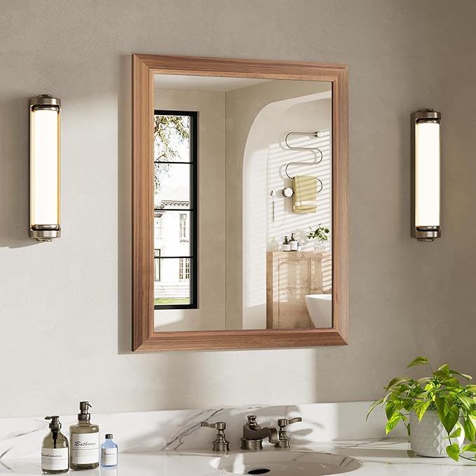 24x30 Inch Bathroom Mirror for Wall, Anti-Rust Walnut Wood Grain Metal Framed Bathroom Mirrors for Over Sink,Rectangler Mirrors for Bathroom Vanity, Farmhouse, Bedroom, Living Room, Entryway Decor