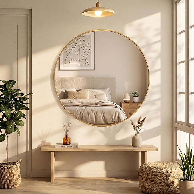 OLIXIS 24 Inch Gold Round Bathroom Wall Mirror, Round Bathroom Mirrors for Over Sink, Circle Mirror with Tempered Glass for Home Decor, Entryway, Bedroom, Vanity, Shatterproof& Crystal-Clear