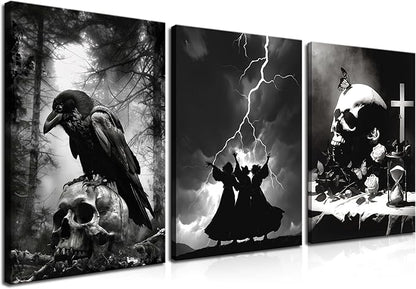 Framed Dark Gothic Canvas Wall Art Set of 3, Creepy Witchy Halloween Wall Decor Paintings, Crow and Skull Goth Aesthetic Posters Prints for Living Room Bedroom Bathroom Home Decor 12x16In
