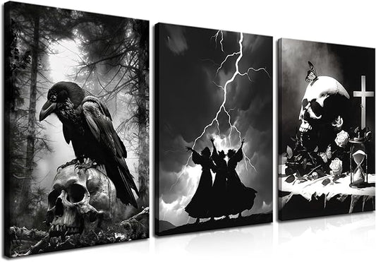 Framed Dark Gothic Canvas Wall Art Set of 3, Creepy Witchy Halloween Wall Decor Paintings, Crow and Skull Goth Aesthetic Posters Prints for Living Room Bedroom Bathroom Home Decor 12x16In