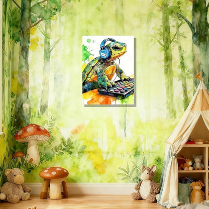 Graffiti DJ Sea Turtle Canvas Wall Art Modern Funny Print 12x16 inch Green Tortoise with Headphones Teen Boy Gaming Room Cool Framed Turtle Art Decor Kids Animal Bedroom Office Home Poster
