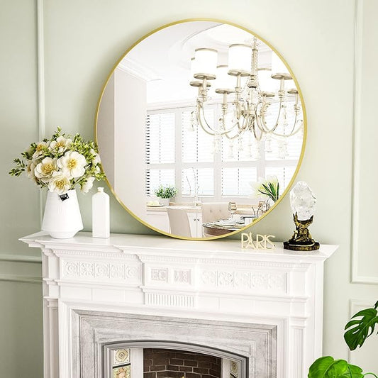VooBang Round Mirror 36" Gold Wall Mounted Circle Mirrors Vanity Mirror with Aluminum Alloy Frame Modern Decoration for Bathroom, Living Room, Vanity, Bedroom, Entryway