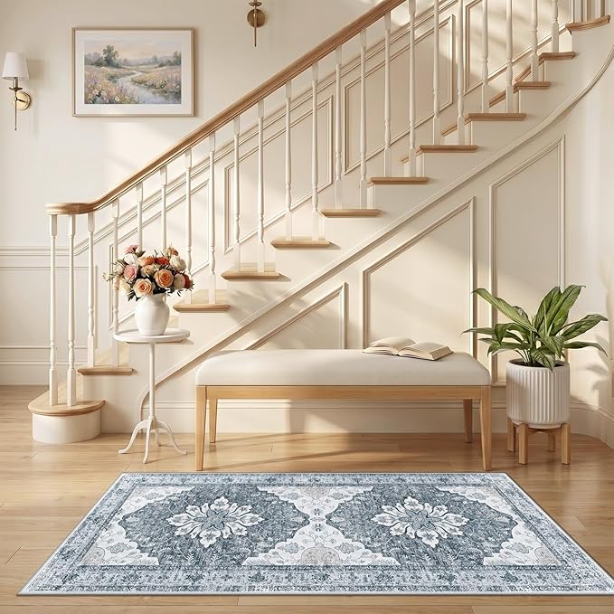 RELEANY Area Rugs 2'6"x5' Runner Rug Non Slip Washable for Kitchen Hallway Bedroom Beside Laundry Room Bathroom Rug, Floor Carpet, Light Gray Grey White