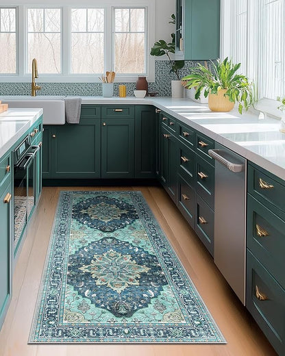 RELEANY Area Rugs 2'x6' Runner Rug Non Slip Washable for Kitchen Hallway Bedroom Beside Laundry Room Bathroom Rug, Floor Carpet, Teal Green Lake Blue Turquoise