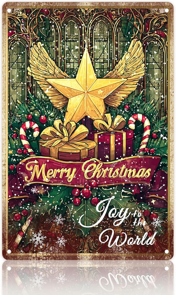 Christmas Decorations Outdoor Yard Signs - 12x8 In Golden Winged Star & Stained-Glass Sign with Merry Christmas & Joy to the World Sign for Home Kitchen Holiday Wall Decor Outdoor Gathering Spaces