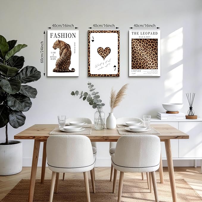 WENGTIAO Trendy Cheetah Canvas Wall Art Prints 3Pcs Fashion Leopard Wall Decor Lucky Ace Card Paintings Preppy Aesthetic Pictures Posters for Living Room Bedroom Study 16x24x3 inch