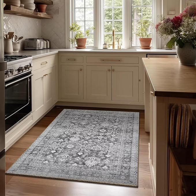 Washable 3x5 Entryway Rug, Boho Non-Slip Vintage Distress Small Rugs for Kitchen Nursery Office Bedroom, 0.3" Neutral Oriental Throw Thin Carpet with Cushioning Pad, Grey/Multi, C5