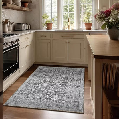 Washable 3x5 Entryway Rug, Boho Non-Slip Vintage Distress Small Rugs for Kitchen Nursery Office Bedroom, 0.3" Neutral Oriental Throw Thin Carpet with Cushioning Pad, Grey/Multi, C5