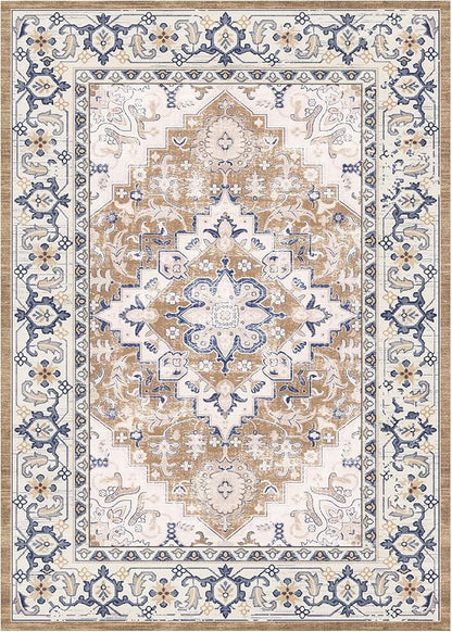 Lessymo 8 x 10 Area Rugs for Living Room- Machine Washable Area Rugs Boho Faux Wool Low Pile Area Rug for Bedroom, Floral Medallion Vintage Rugs with Non-Slip Rubber, Kid & Pet Friendly, Brown Beige