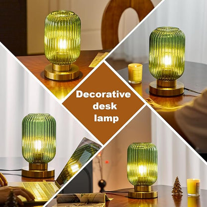 Bedside Table Lamp with Green Glass Shade, Small Nightlight Lamp Elegant Glass Nightstand Lamps Modern Desk Light with Plug-in Style for Bedroom Living Room Tabletop Dia5.9 x H9.8
