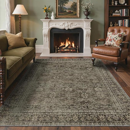 6x9 Area Rug Machine Washable Boho Rug for Living Room,Ultra-Thin Low Pile Carpet,Lightweight Indoor Printed Rug,Non Slip Floral Area Rug for Bedroom, Dining Room, Home Office,Vintage Sage Green