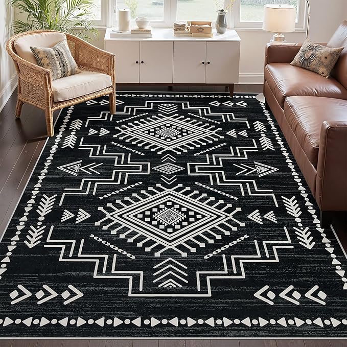 Joydeco Moroccan 5x7 Western Black and White Rugs for Living Room, Washable Soft Aztec Rug for Bedroom, Low Pile Distressed Modern Carpet for Dining Room Playroom Office Home Decor