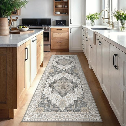 GENIMO 2'6"x6 Runner Rugs for Hallway, Machine Washable Non Slip Vintage Rugs, Low Pile Lightweight Soft Print Rug for enrtyway, Corridor, Home Office, Kitchen, Heathered Grey