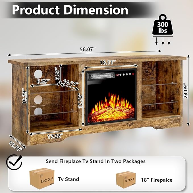 TAVATA Fireplace TV Stand with 18" Fireplace, Modern Entertainment Center for TVs up to 65 inch, Media TV Console for Living Room with Led Lights, Adjustable Glass Shelves and Storage Cabinets (Brown)
